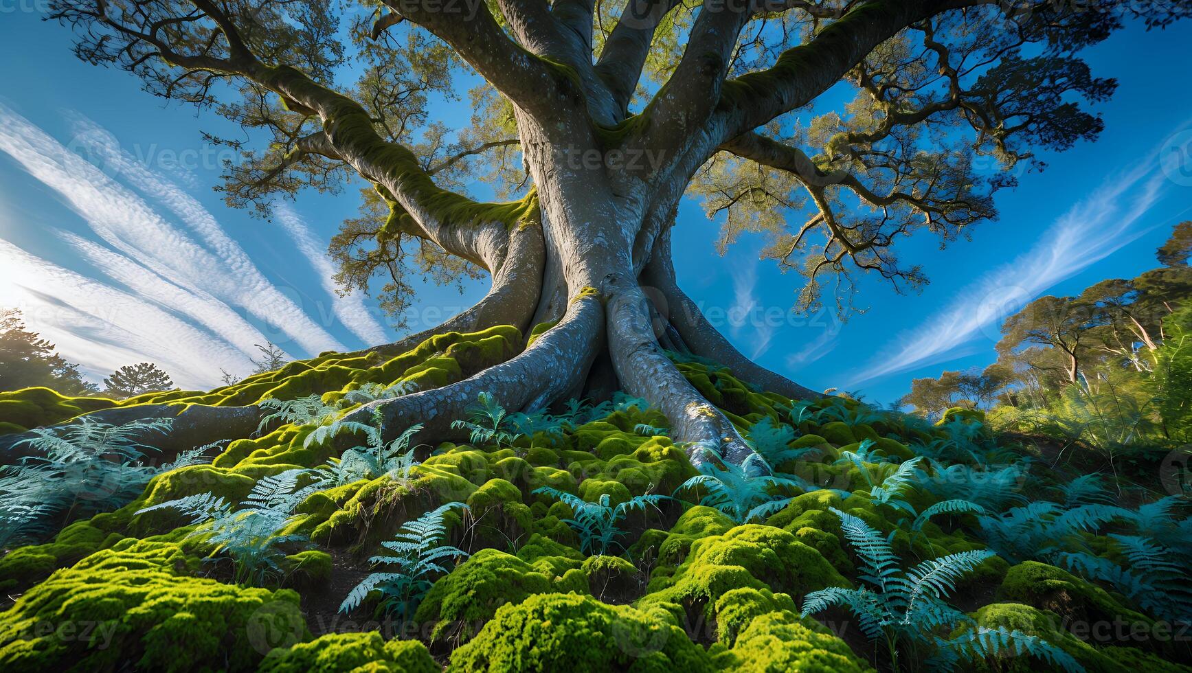 Majestic Tree Spreading Roots Across a Mossy Hill Under Blue Sky photo