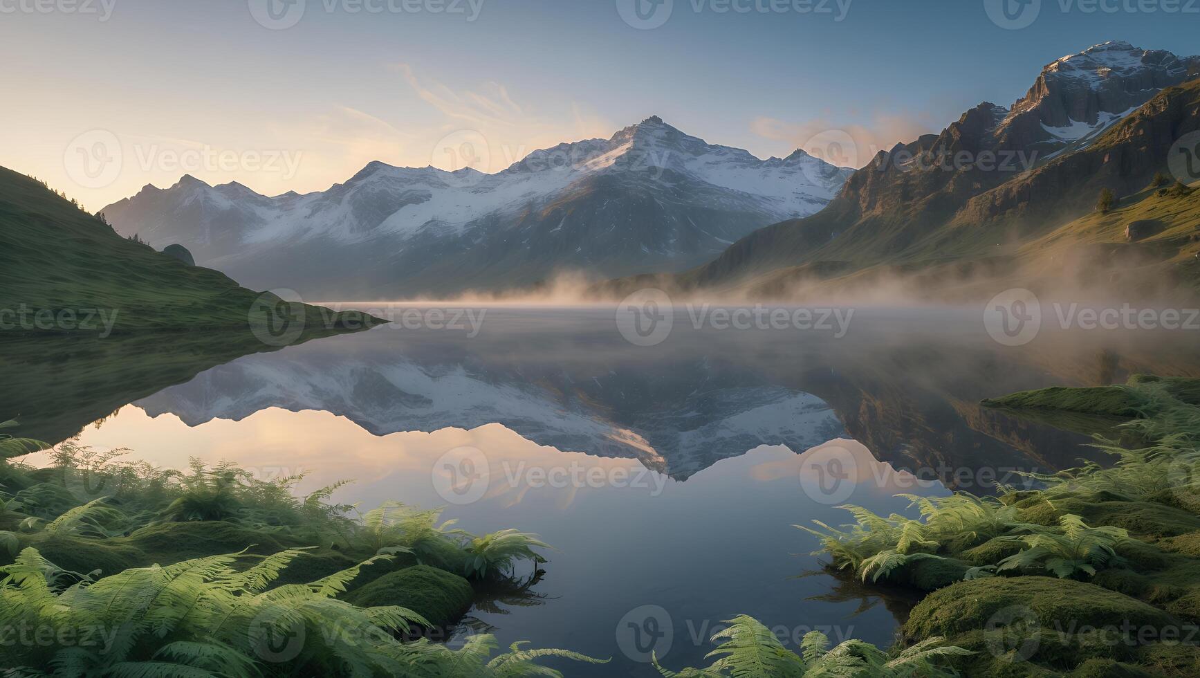 Reflective Mountain Lake with Mist and Ferns Tranquil Alpine Scenery photo