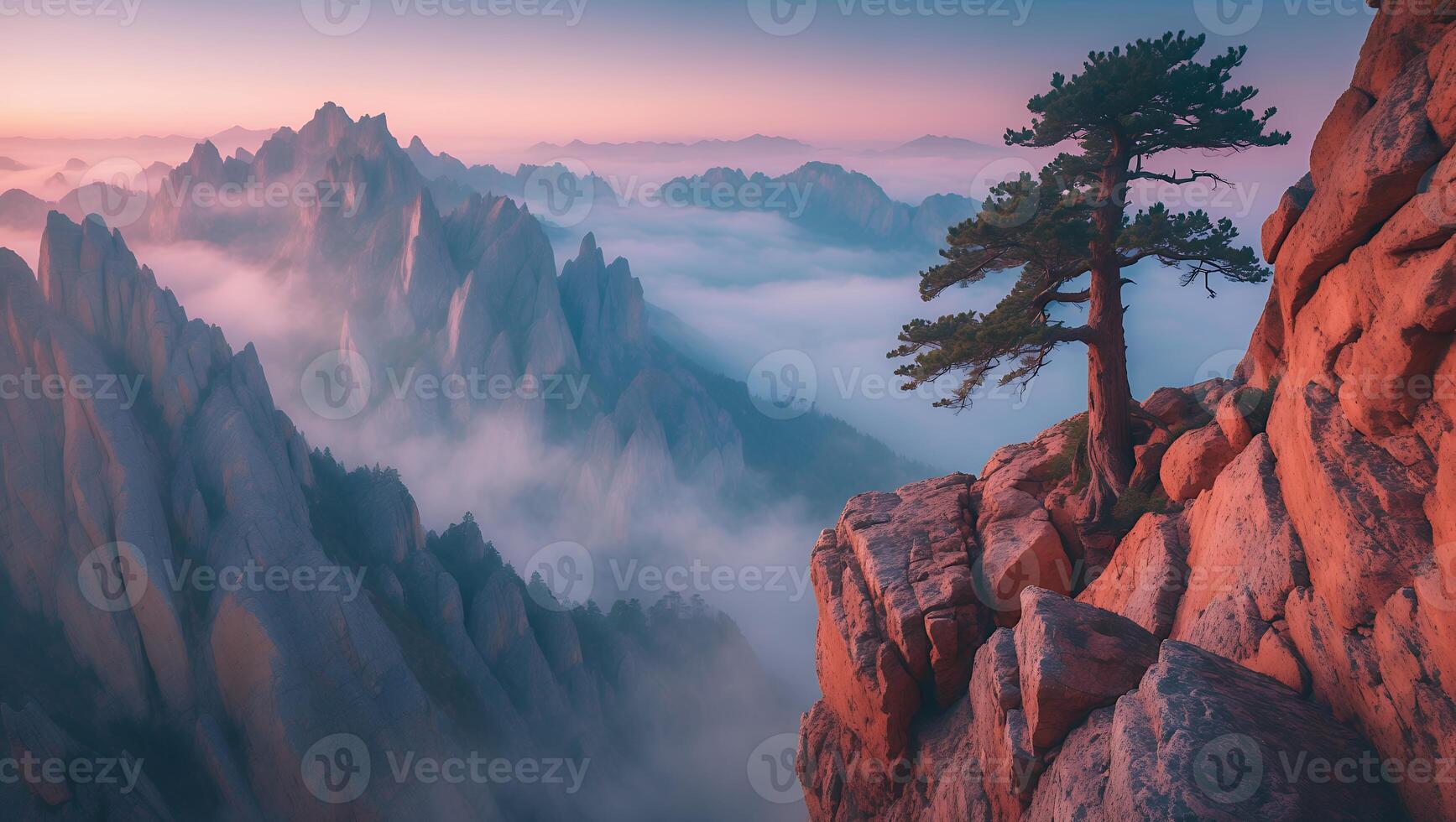 Standing Tree on Rocky Cliffside Overlooking Misty Mountain Landscape photo