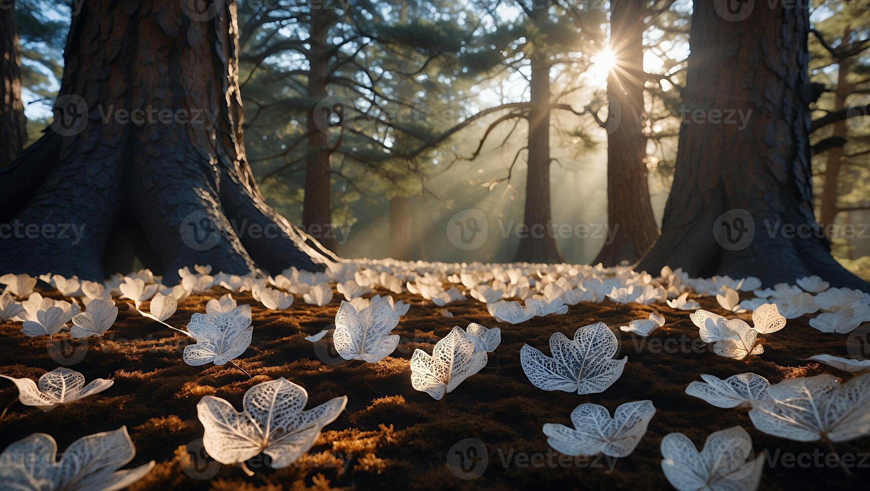 Scattered Paper Leaves on Forest Floor with Sunlight Streaming Through Trees photo