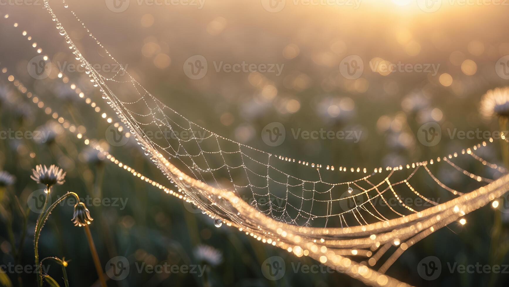 Dew Drops on Spiderweb Weaving Through a Sunny Meadow at Dawn photo