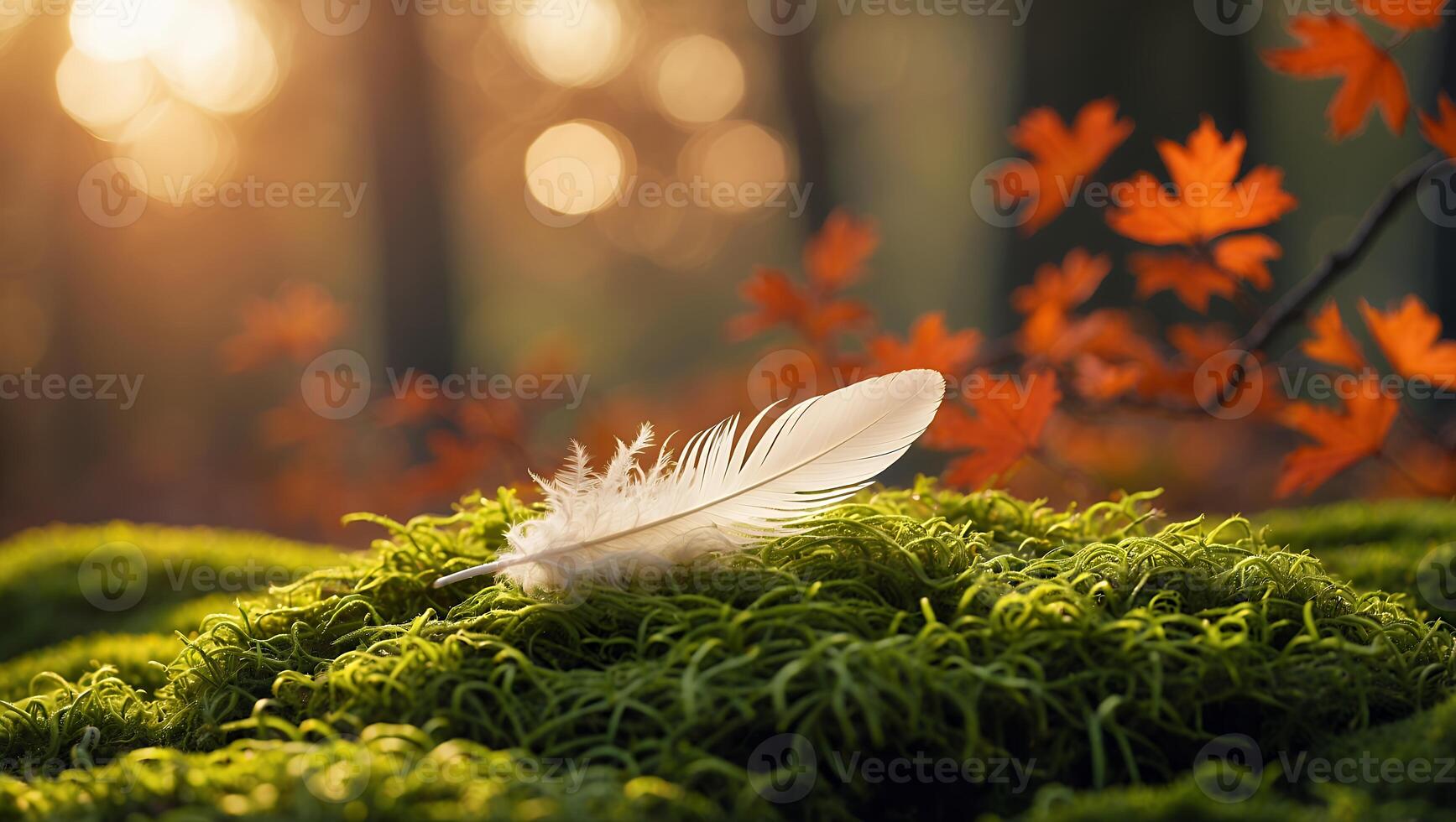 Feather Resting on Moss in Forest with Autumn Leaves photo