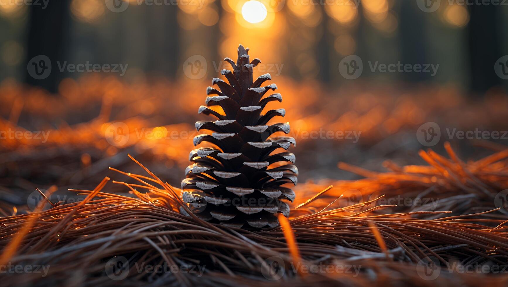 Pinecone on Forest Floor at Sunset Warm Light Background photo