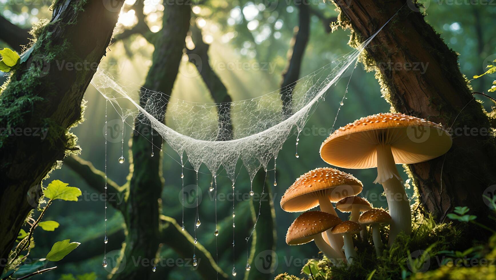 Mushrooms and Spiderweb with Water Droplets in Forest Sunlight photo