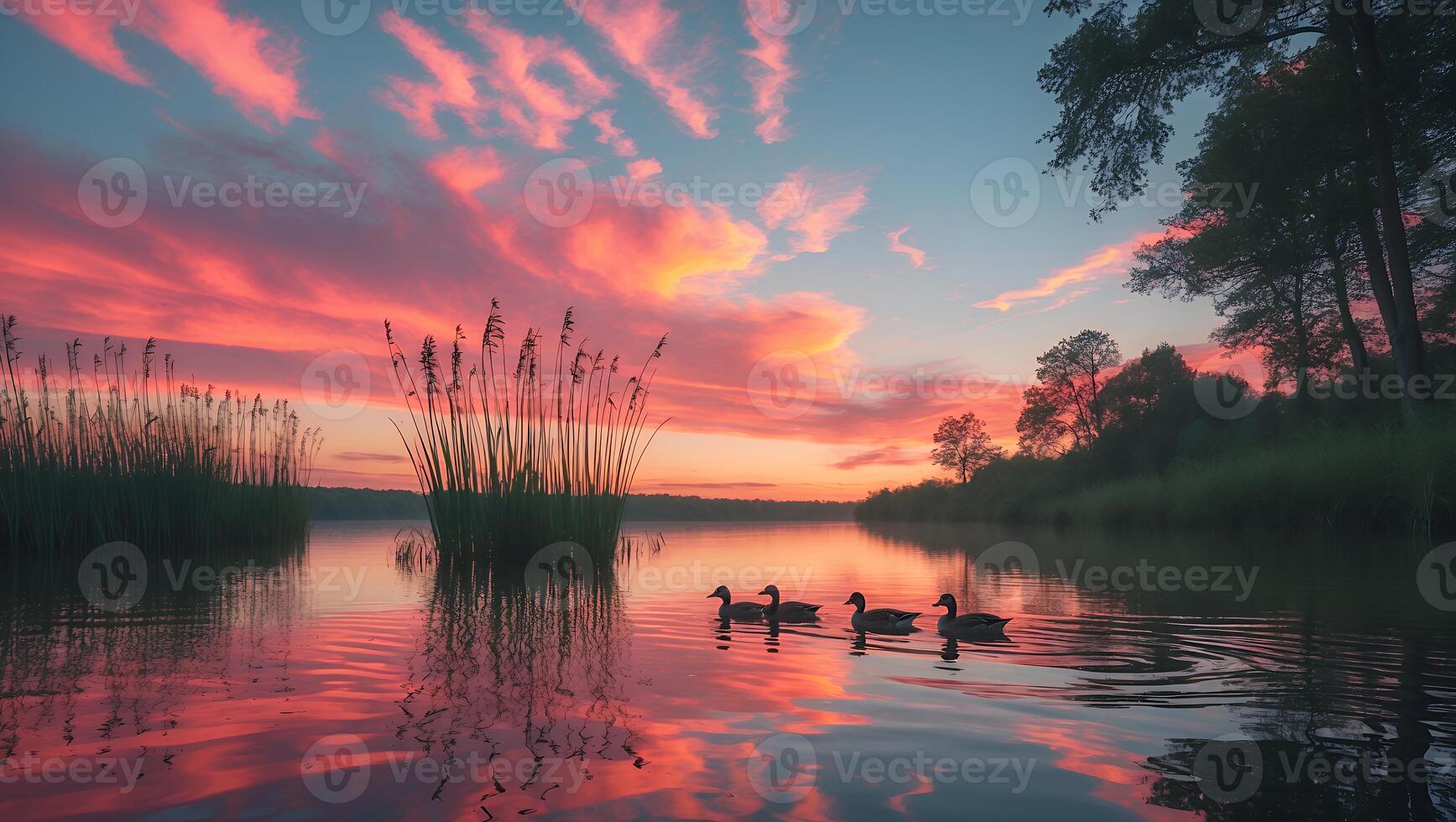 Ducks Swimming on a Lake at Sunset with Reed Reflection photo