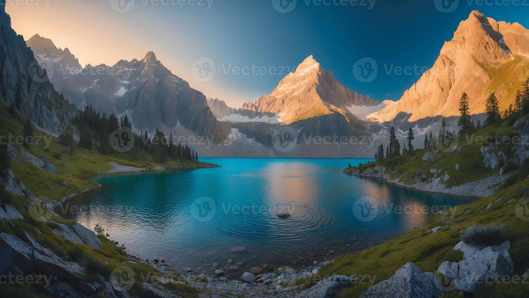 Serene Mountain Lake Landscape with Reflections and Dramatic Peaks photo