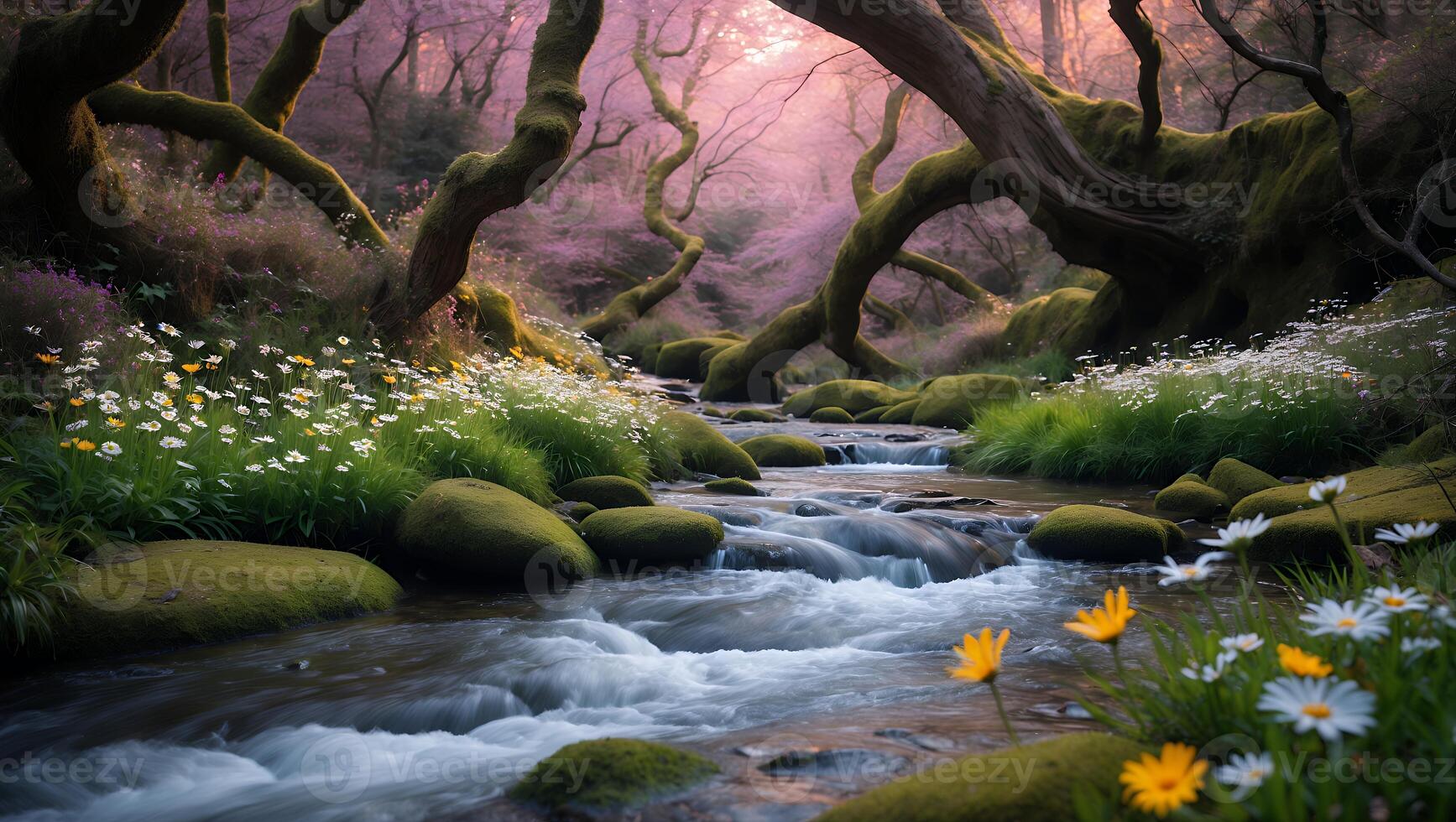 Flowing Stream Through Mossy Forest with Wildflowers at Gentle Sunset photo