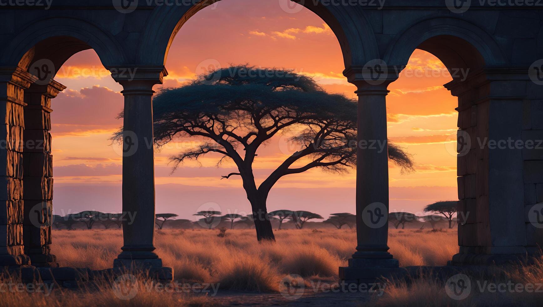Savanna Tree Silhouette Through Stone Archway at Golden Hour Sunset photo