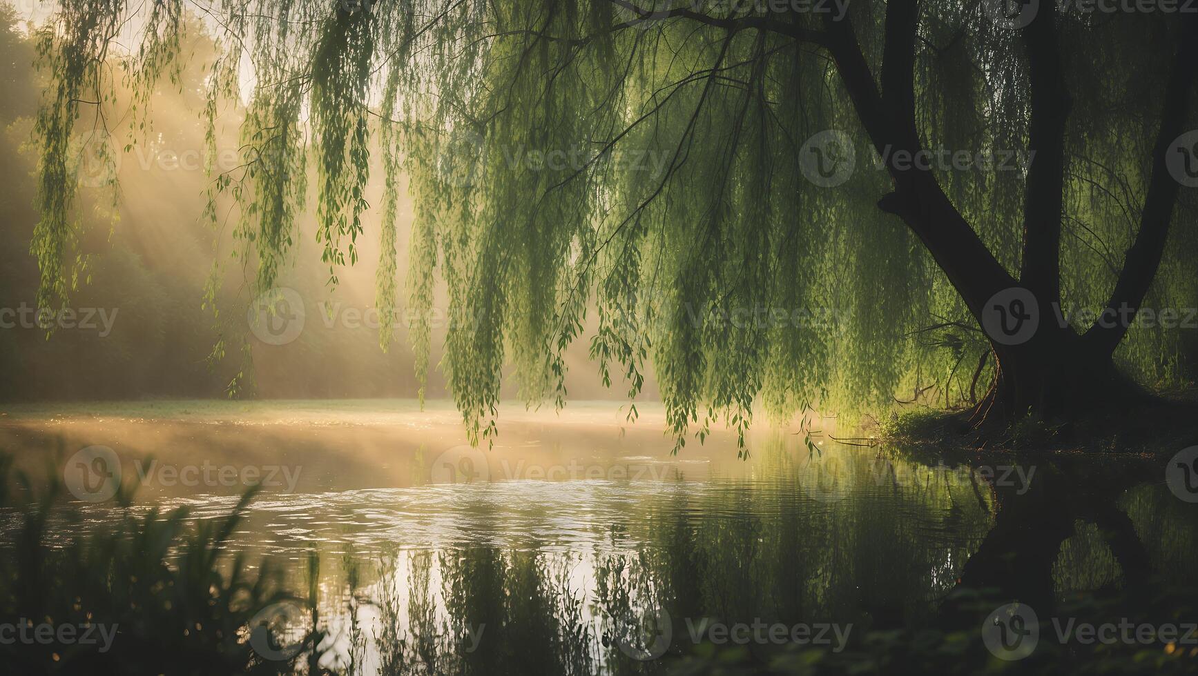 Willow Tree Reflected on Water with Sun Rays and Misty Atmosphere photo