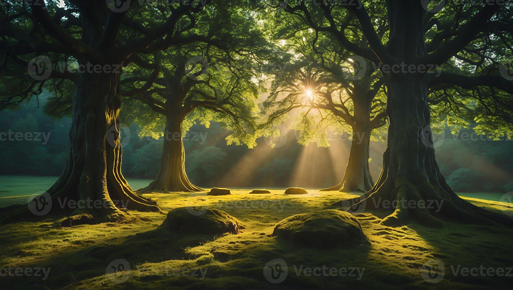 Sunlight Streaming Through Trees Creates an Enchanting Forest Scene photo