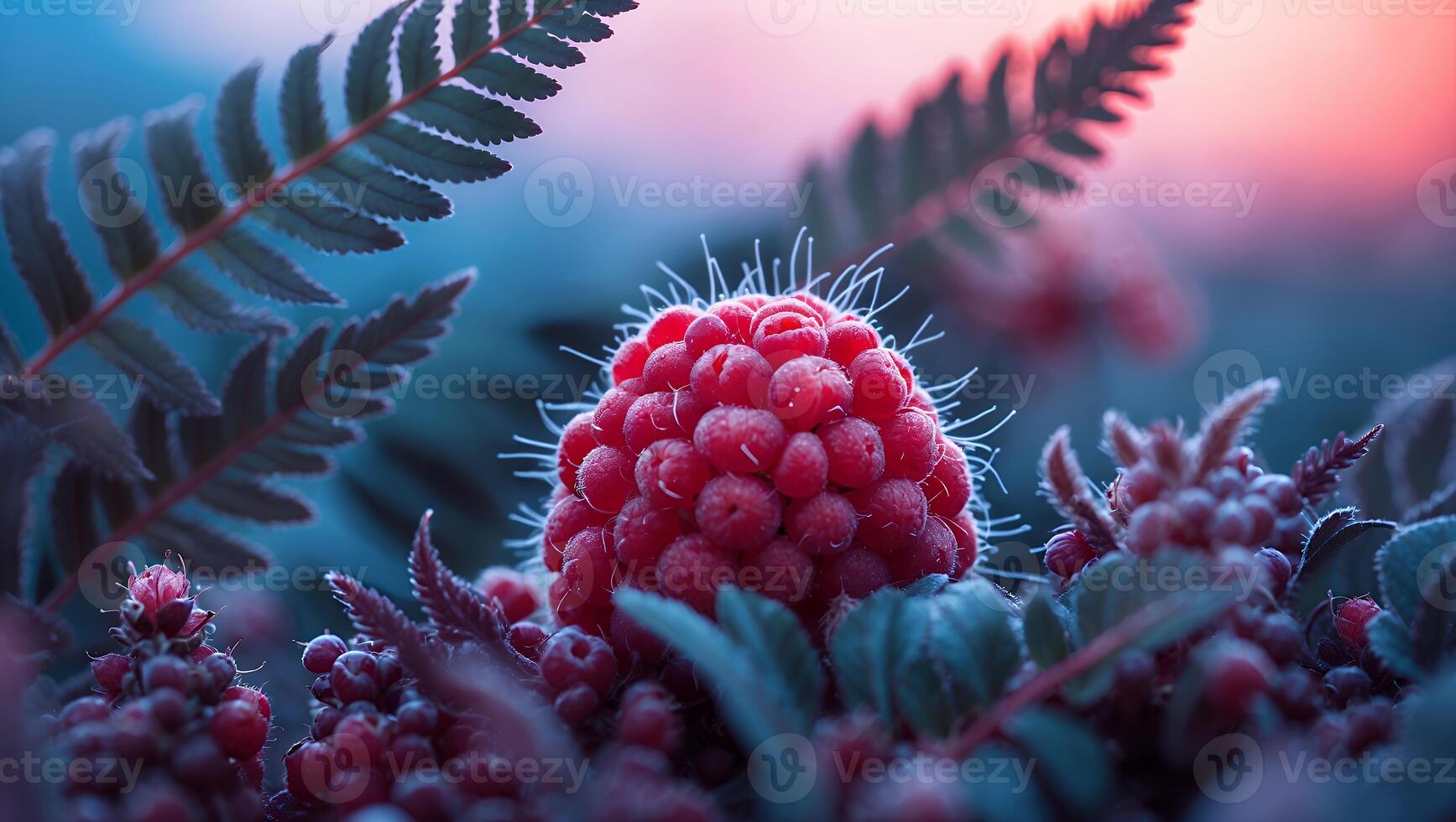 Captivating Raspberry Still Life with Ferns and Dreamy Blue Background photo
