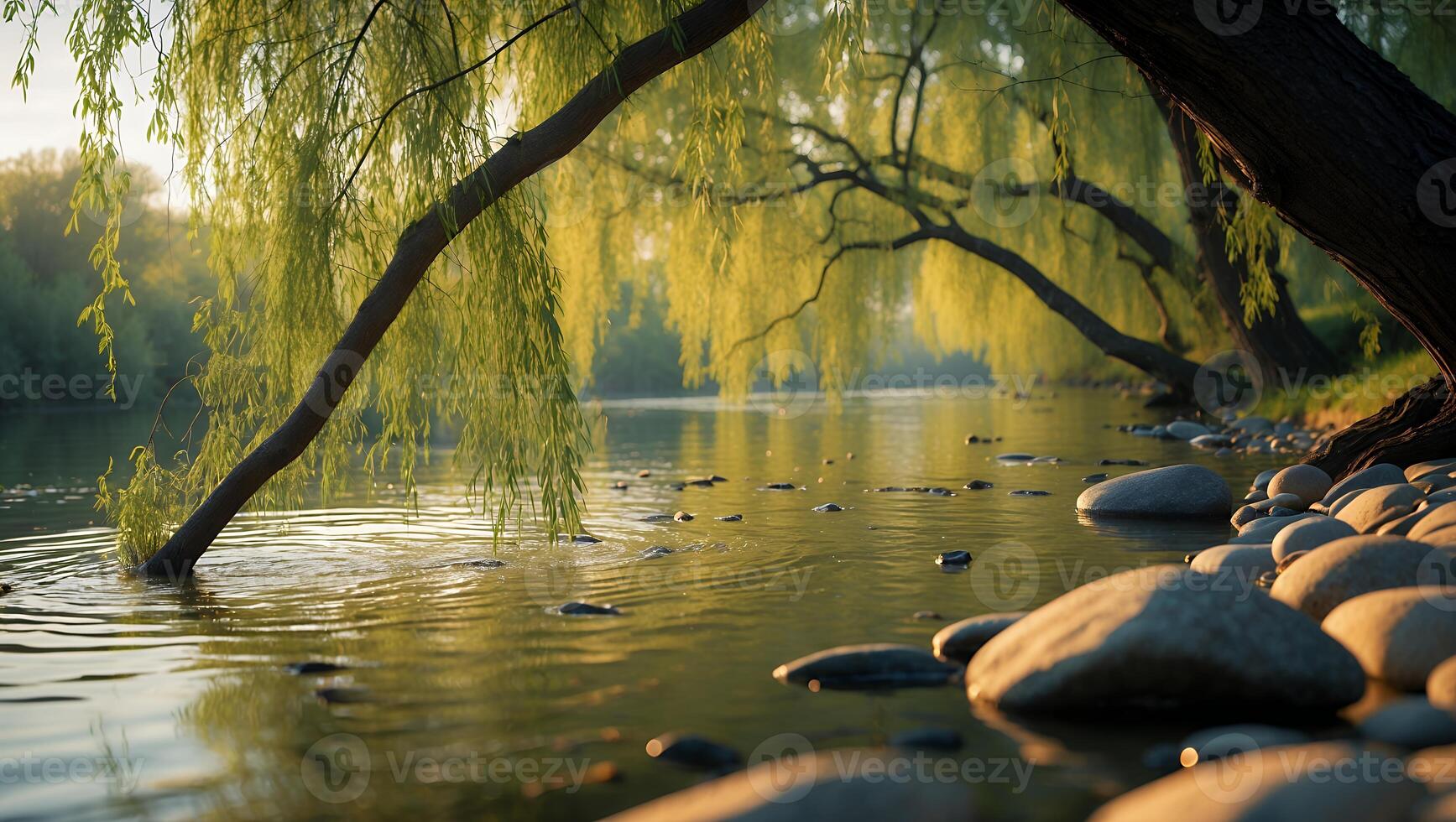 Peaceful River Scene with Willow Trees and Smooth Rocks Along Shore photo