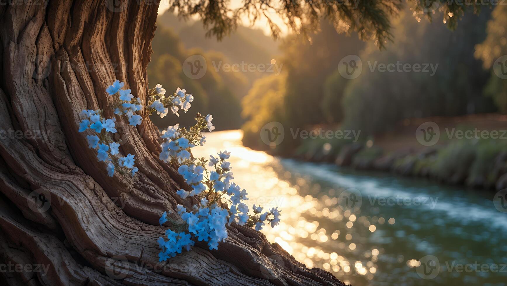 Delicate Blue Flowers Bloom on Tree Trunk by Sparkling River photo
