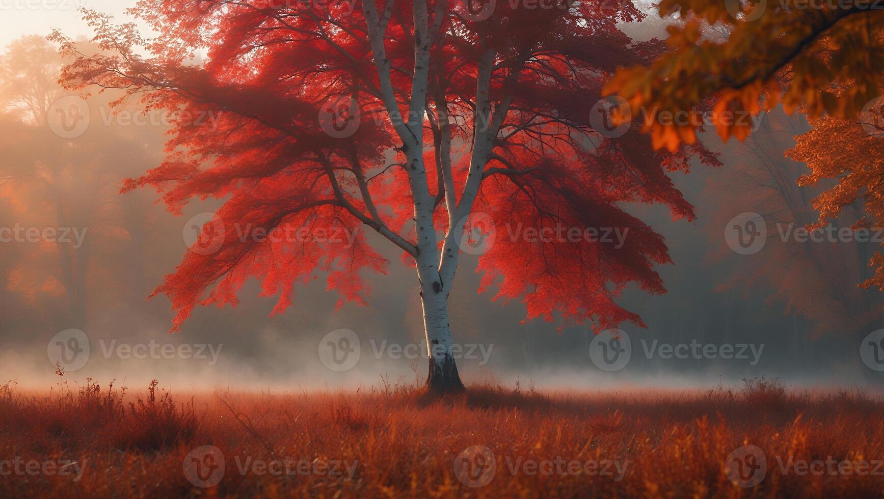 Autumn Tree Displaying Vibrant Red Leaves in a Misty Field photo