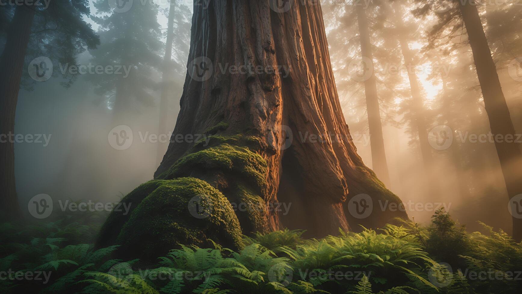 Majestic Tree Rising in Foggy Forest with Lush Green Ferns photo