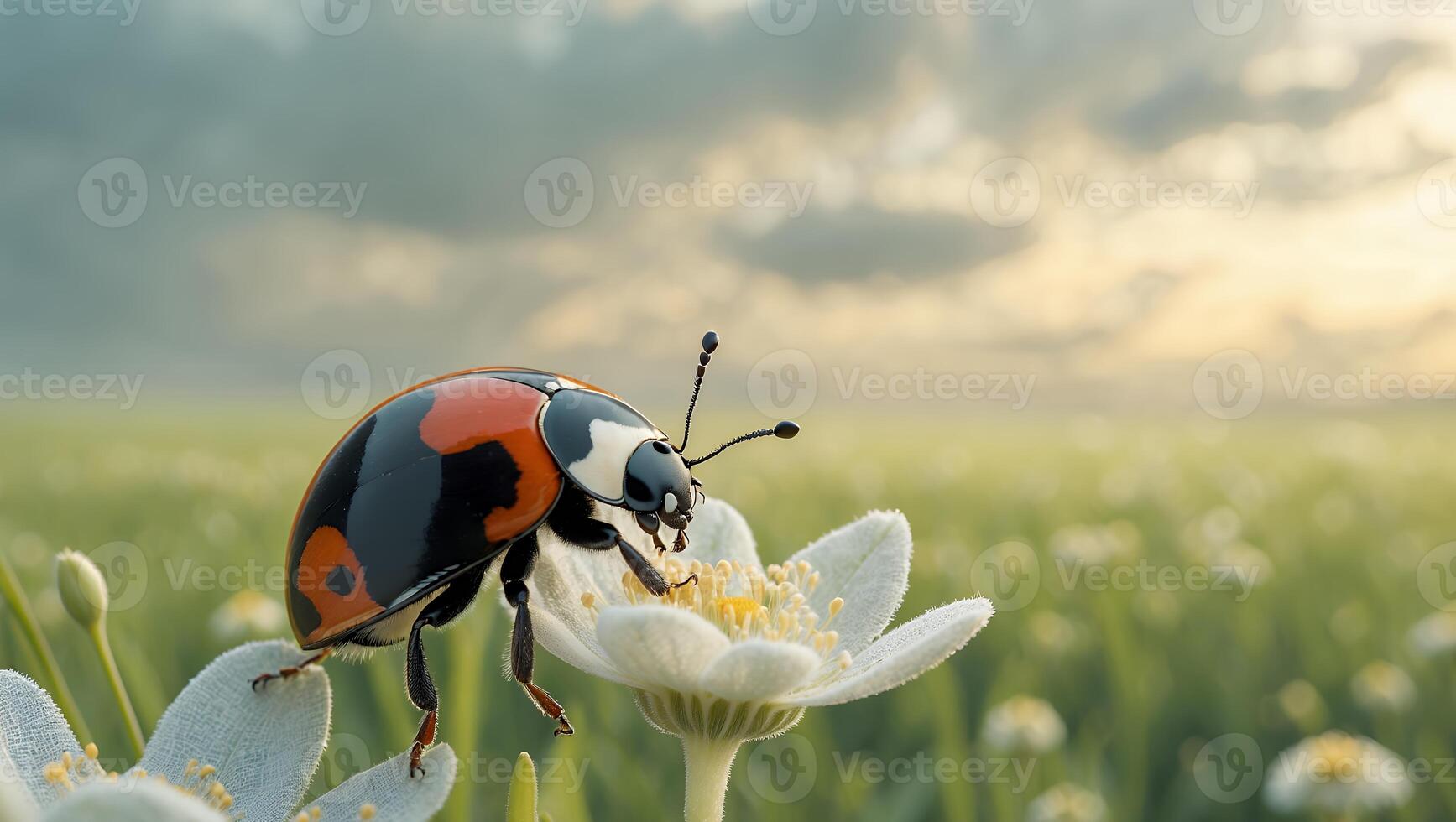 Ladybug on a Flower in a Meadow at Dusk with Soft Light photo