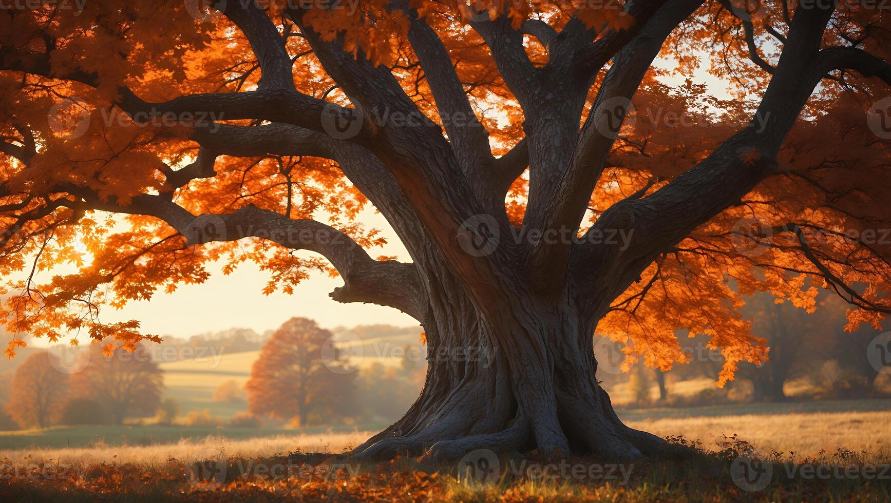 Standing Majestic Tree with Golden Leaves in a Peaceful Autumn Landscape photo