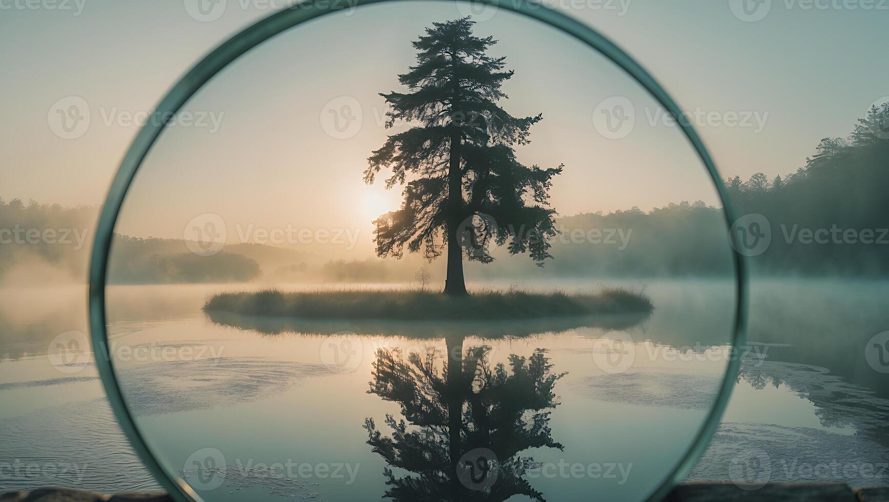 Tree on Island Reflected in Lake Through a Round Lens at Dawn photo
