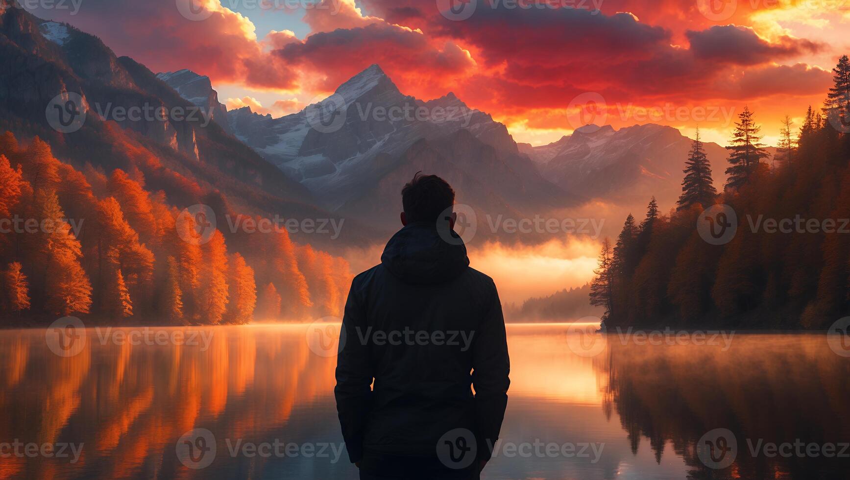 Man Watching Sunrise Over Lake with Mountains and Autumn Trees photo