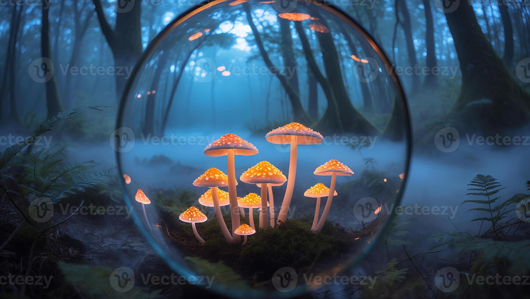 Glowing Mushrooms in Glass Orb Reflecting a Mysterious Foggy Forest photo