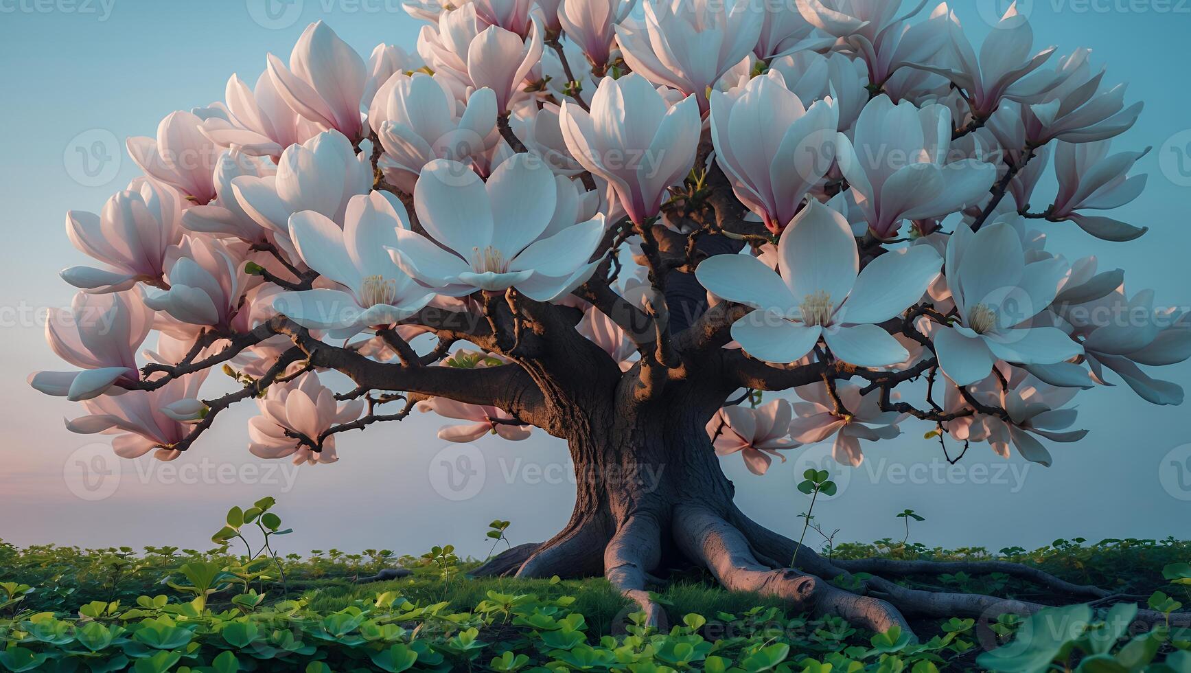 Blooming Magnolia Tree with Large White Flowers in a Green Field photo