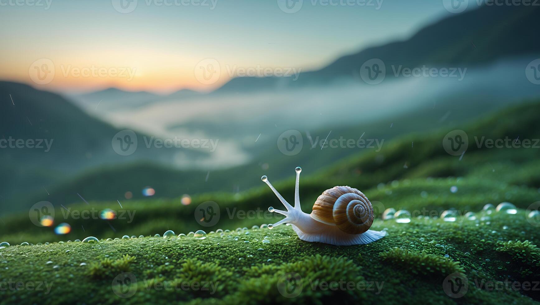 Snail Crawling on Mossy Ground During Gentle Rain at Sunrise photo