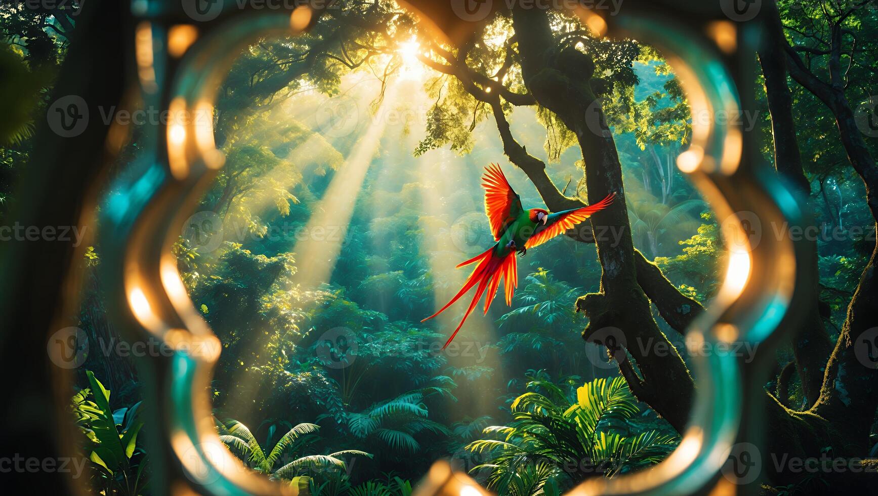 Parrot Flying Through Jungle with Sun Rays Seen Through Window photo