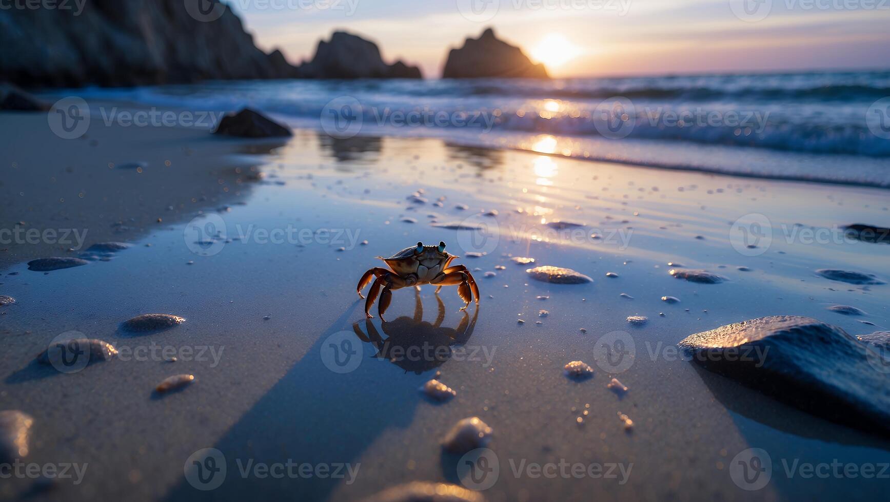 Crab Walking on Sandy Beach at Sunset with Ocean View photo
