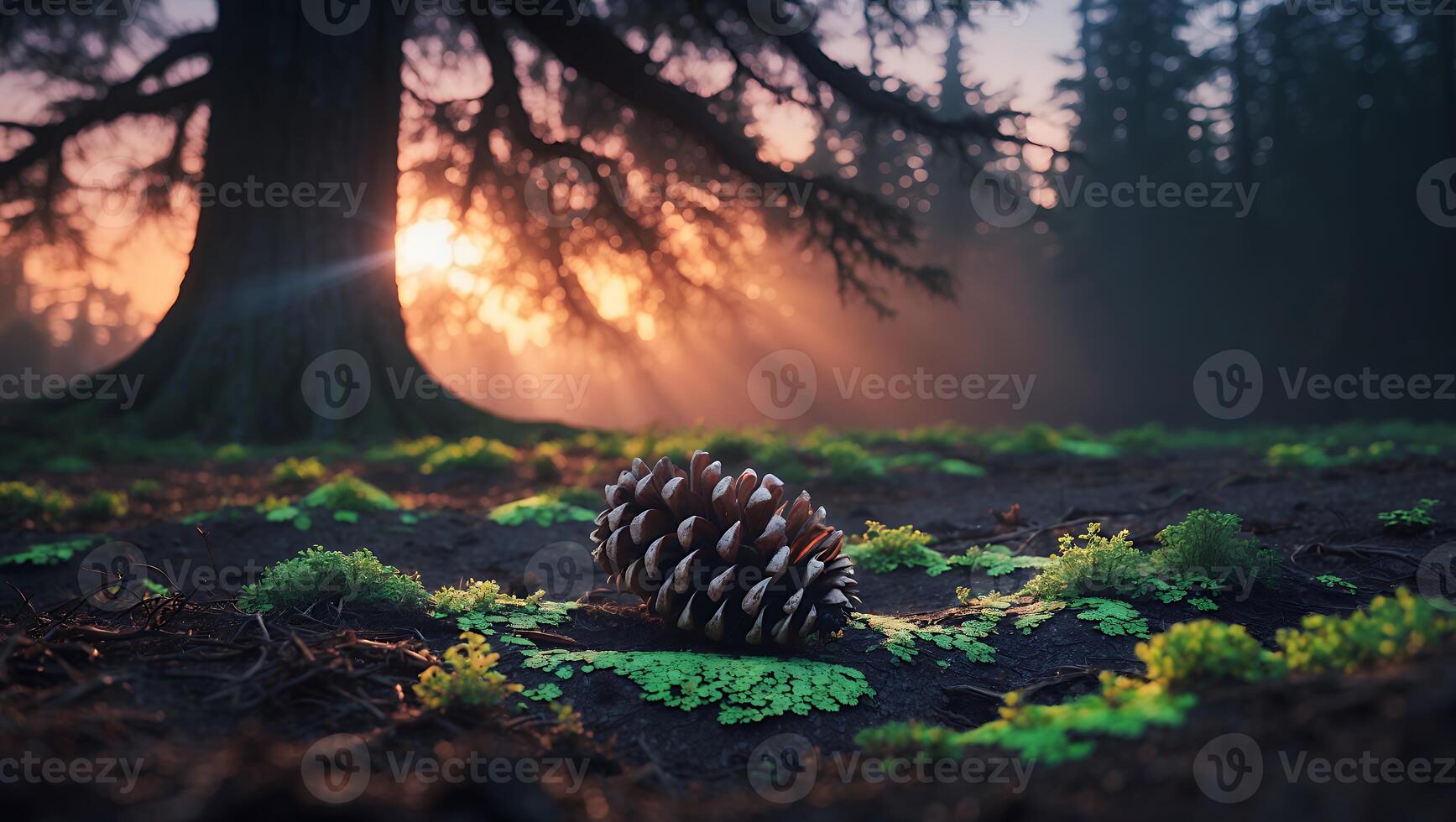 Pine Cone Resting on Forest Floor at Sunset with Light Rays photo