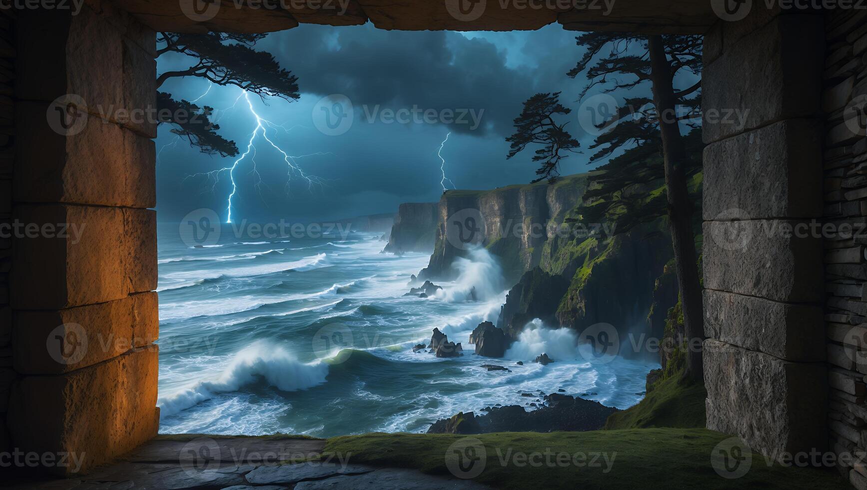 Viewing Stormy Ocean From Stone Window Overlook with Dramatic Lightning photo