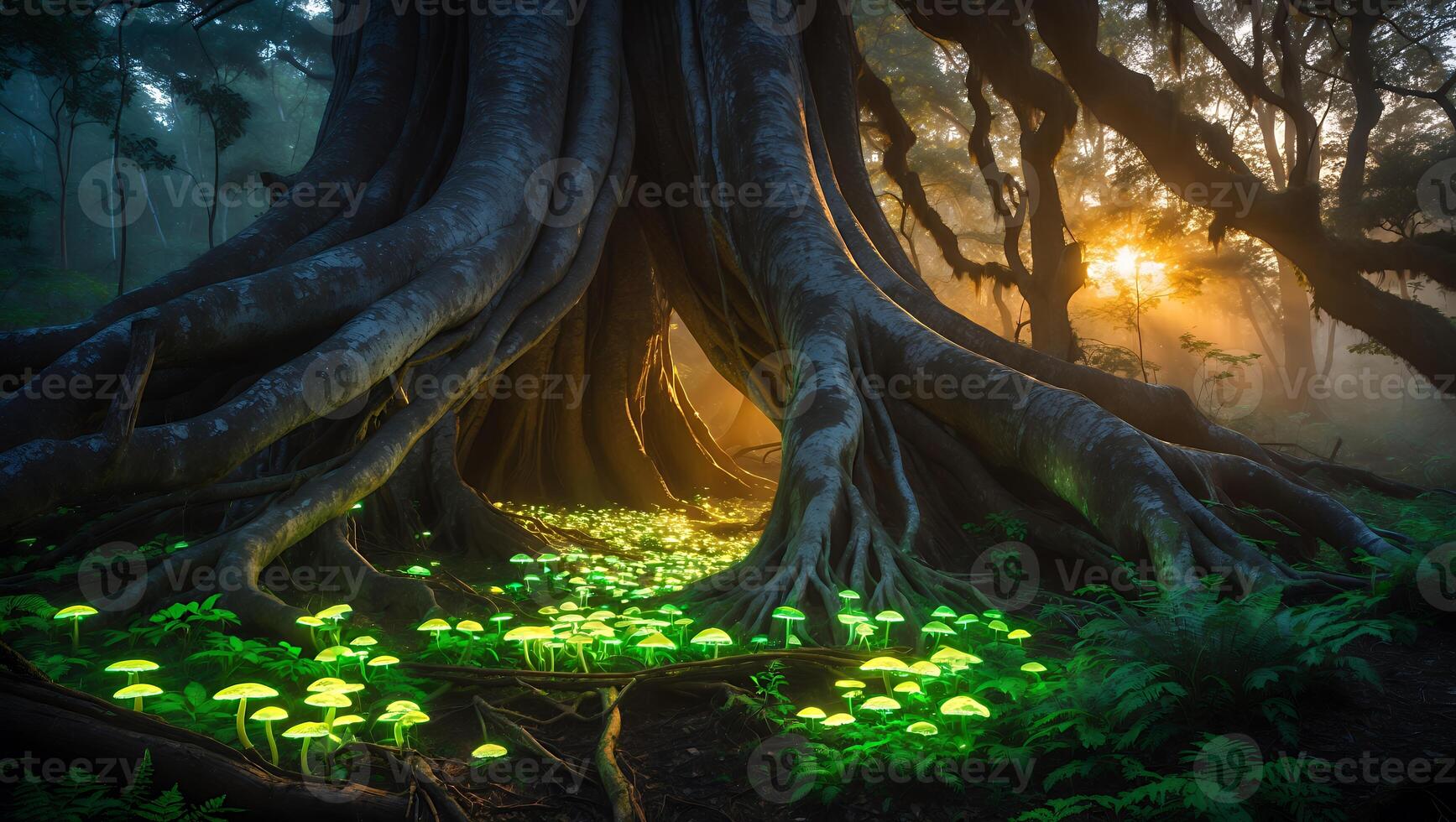 Glowing Mushrooms Under Large Tree in Mystical Forest Landscape photo
