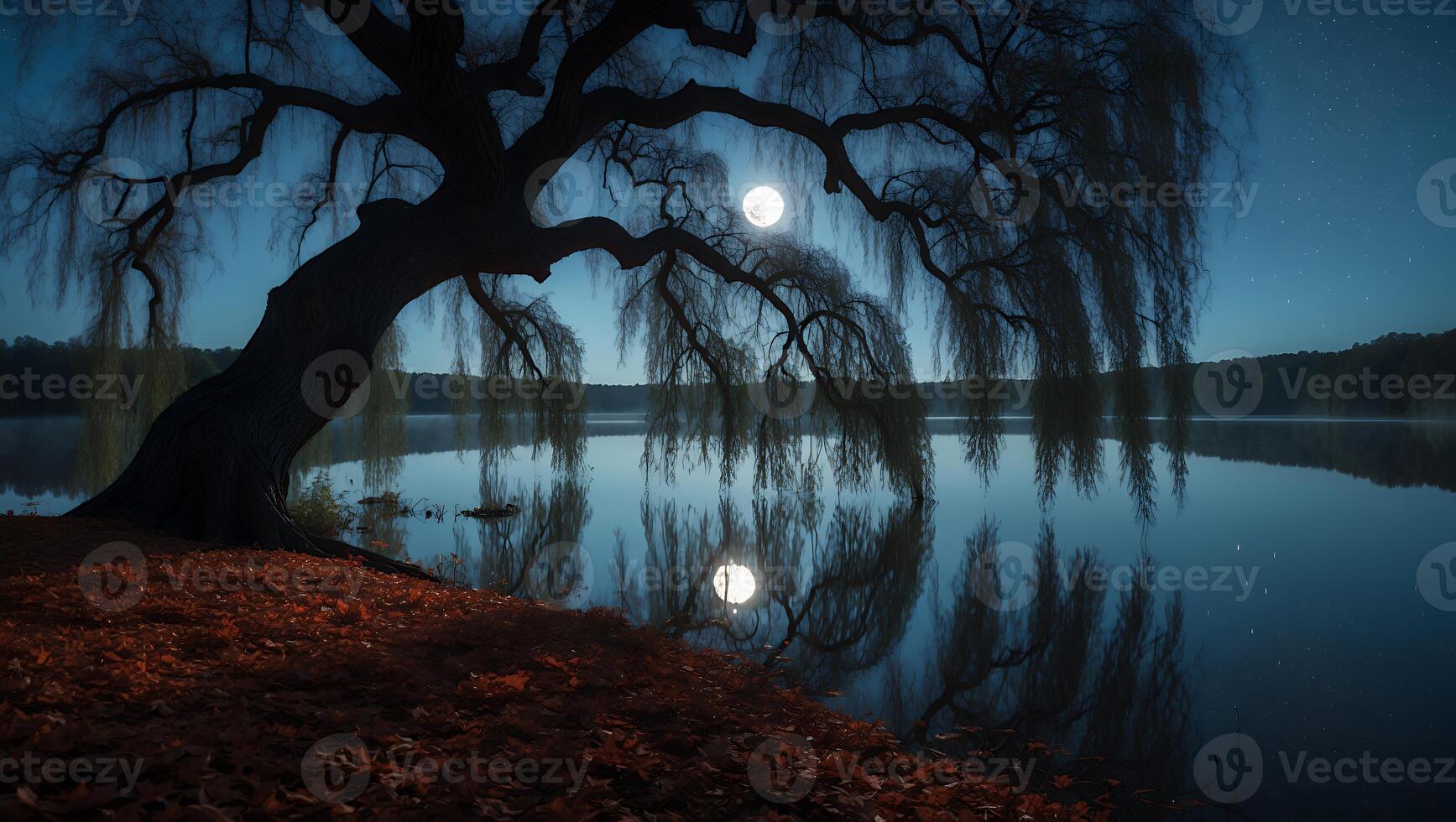 Willow Tree and Moon Reflection on Still Lake at Night photo