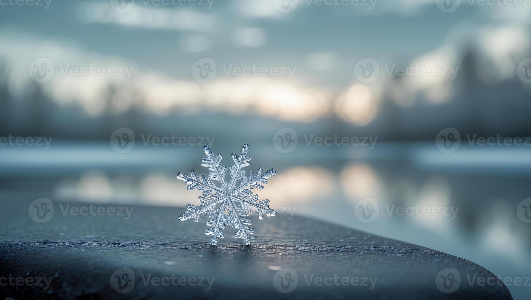 Single Snowflake Detail on Icy Surface with Blurred Winter Background photo