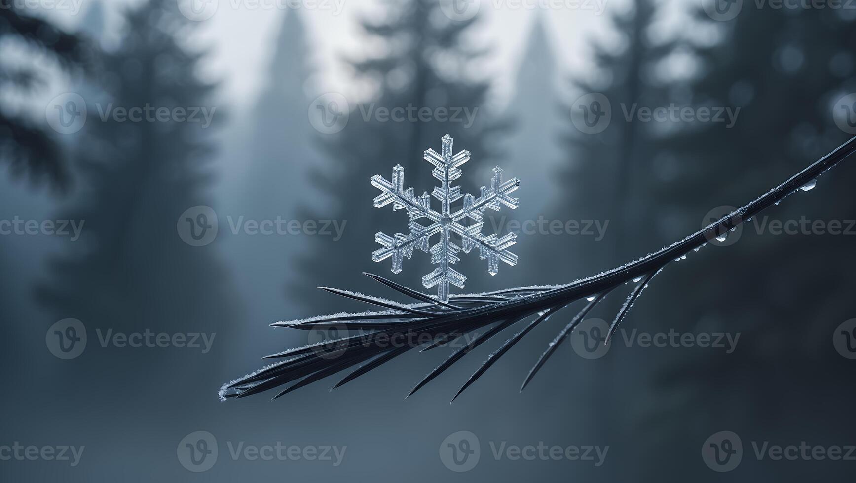 Snowflake Resting on Pine Needle in Forest Winter Scene photo