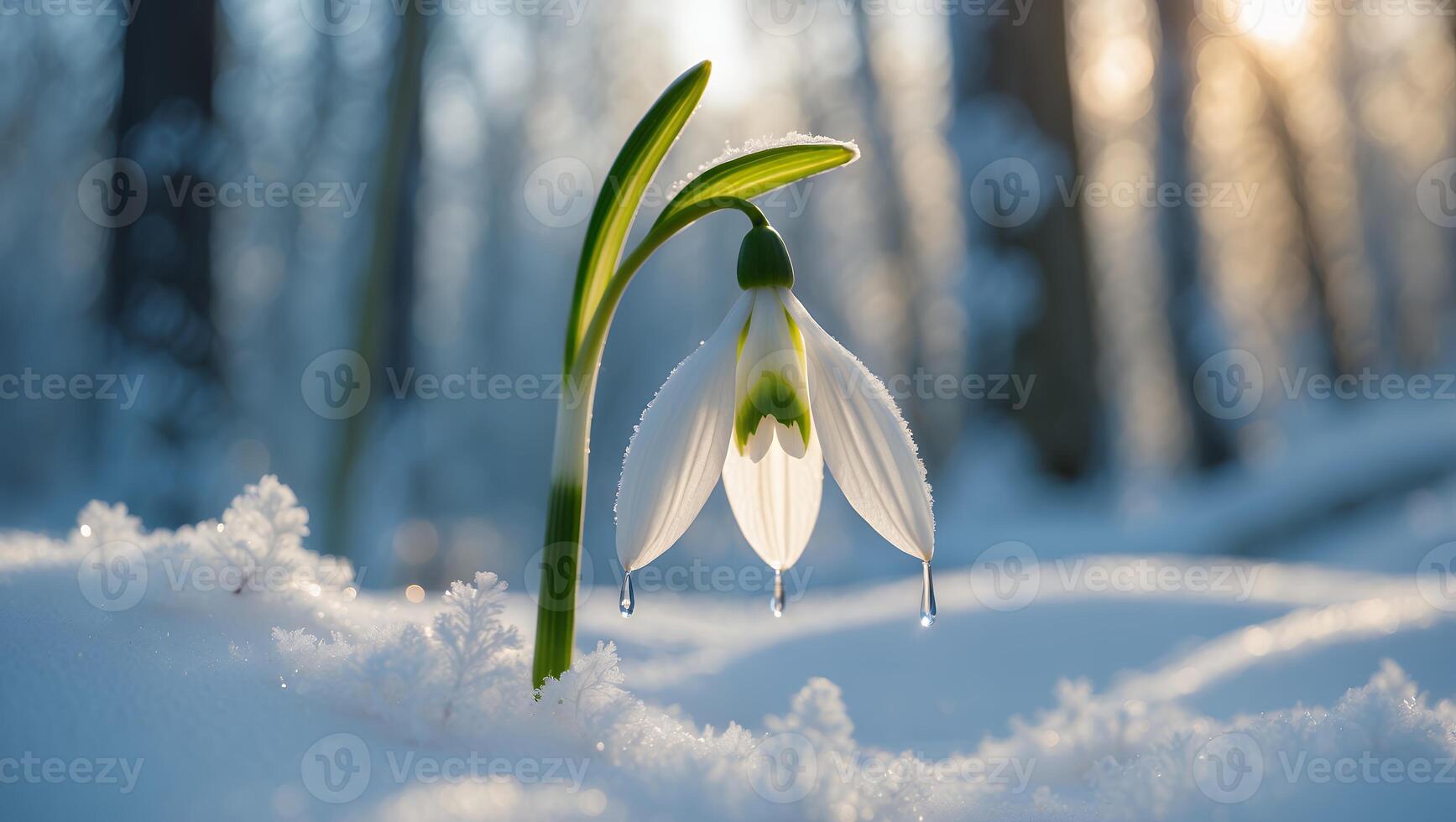 Snowdrop Flower Blooming in Winter Snow with Melting Ice Crystals photo
