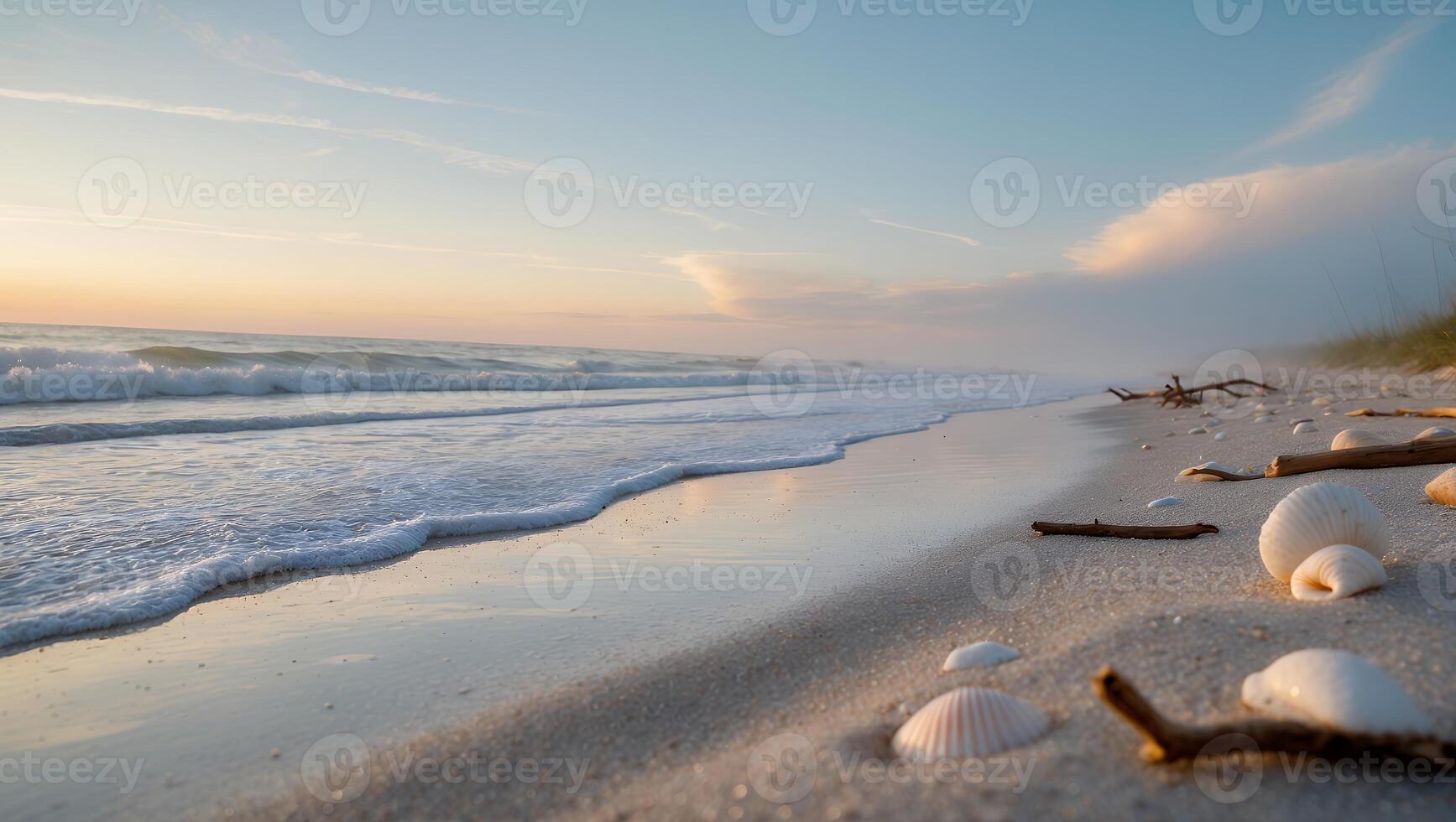 Seashells on Sandy Beach with Waves at Sunset Calm Scenery photo