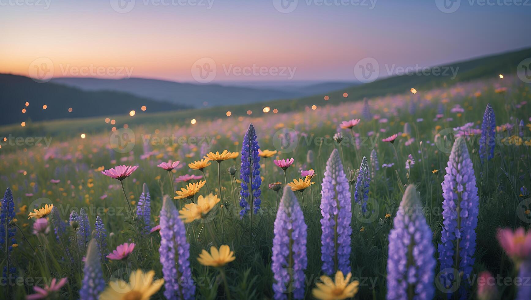 Wildflower Meadow at Twilight with Lupine and Daisy Flowers photo