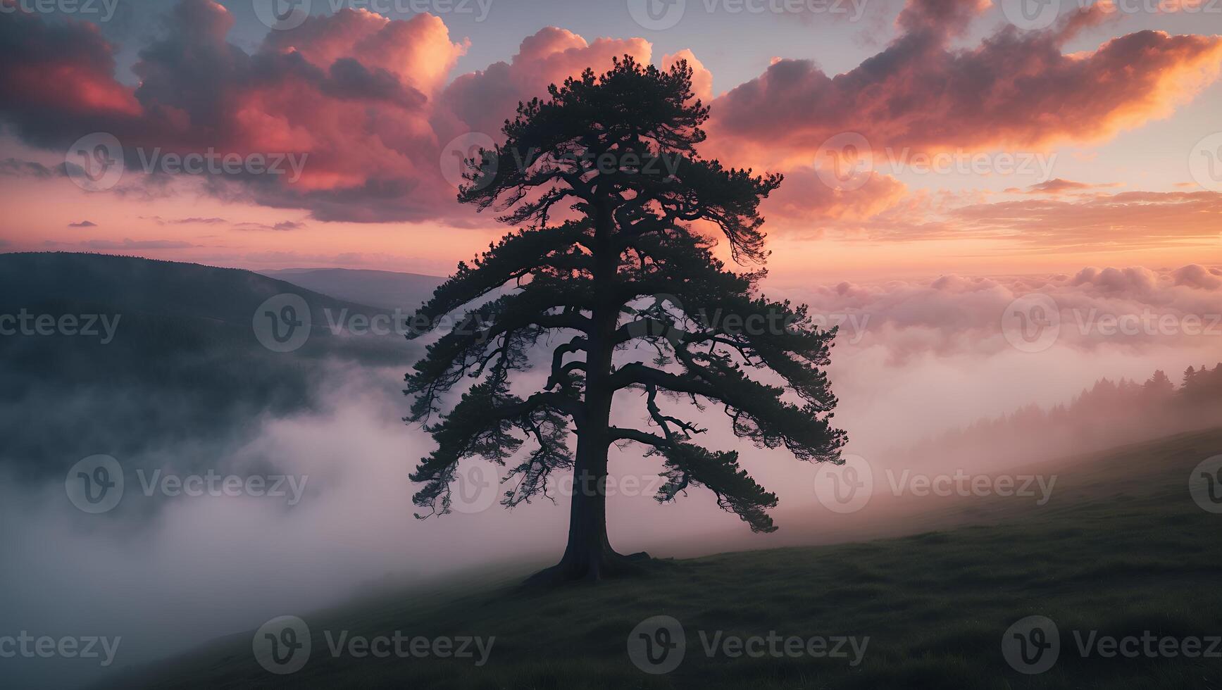 Solitary Tree Standing Silhouetted on Hillside with Foggy Sunset Glow photo
