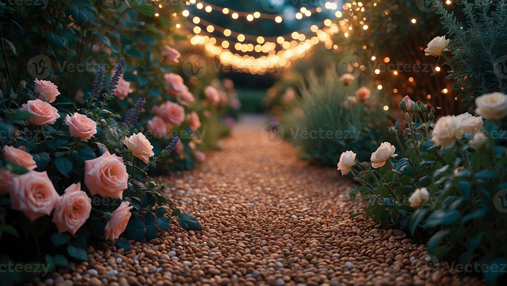 Walking Through the Garden Path Lined with Roses and String Lights photo