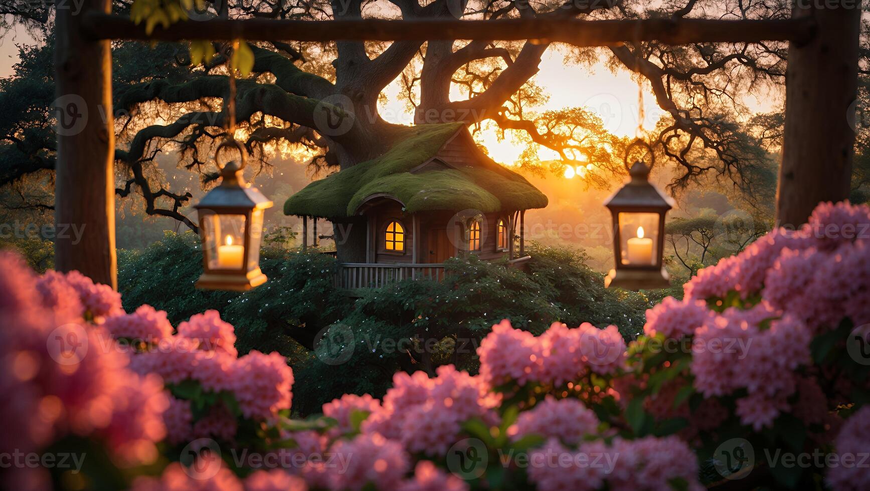 Viewing Treehouse Through Pink Flowers at Sunset with Lanterns photo