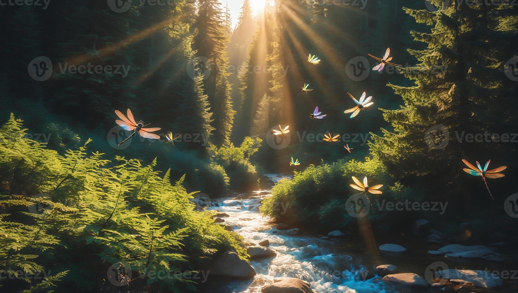 Dragonflies Hovering Over Stream in Forest with Sunlight Bursting Through photo