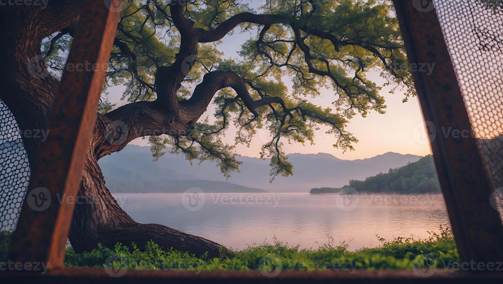 Framed Lake View with Old Tree at Sunset Serene Landscape photo
