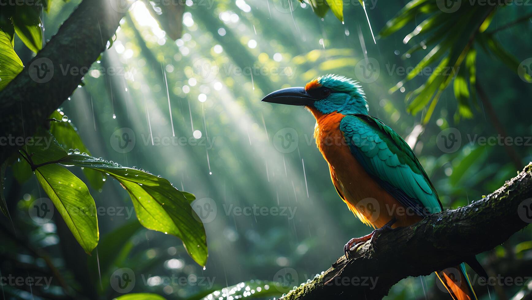 Colorful Bird Perched on Branch in Rainforest with Sun Rays Shining photo
