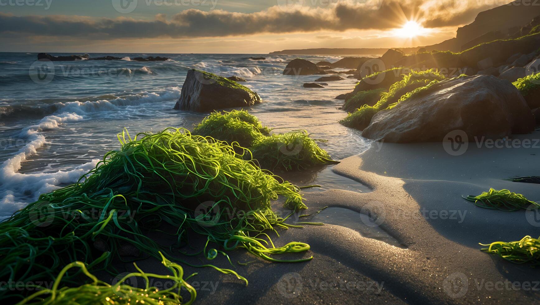 Coastal Sunset Scene Green Seaweed Rocks and Peaceful Ocean Waves photo