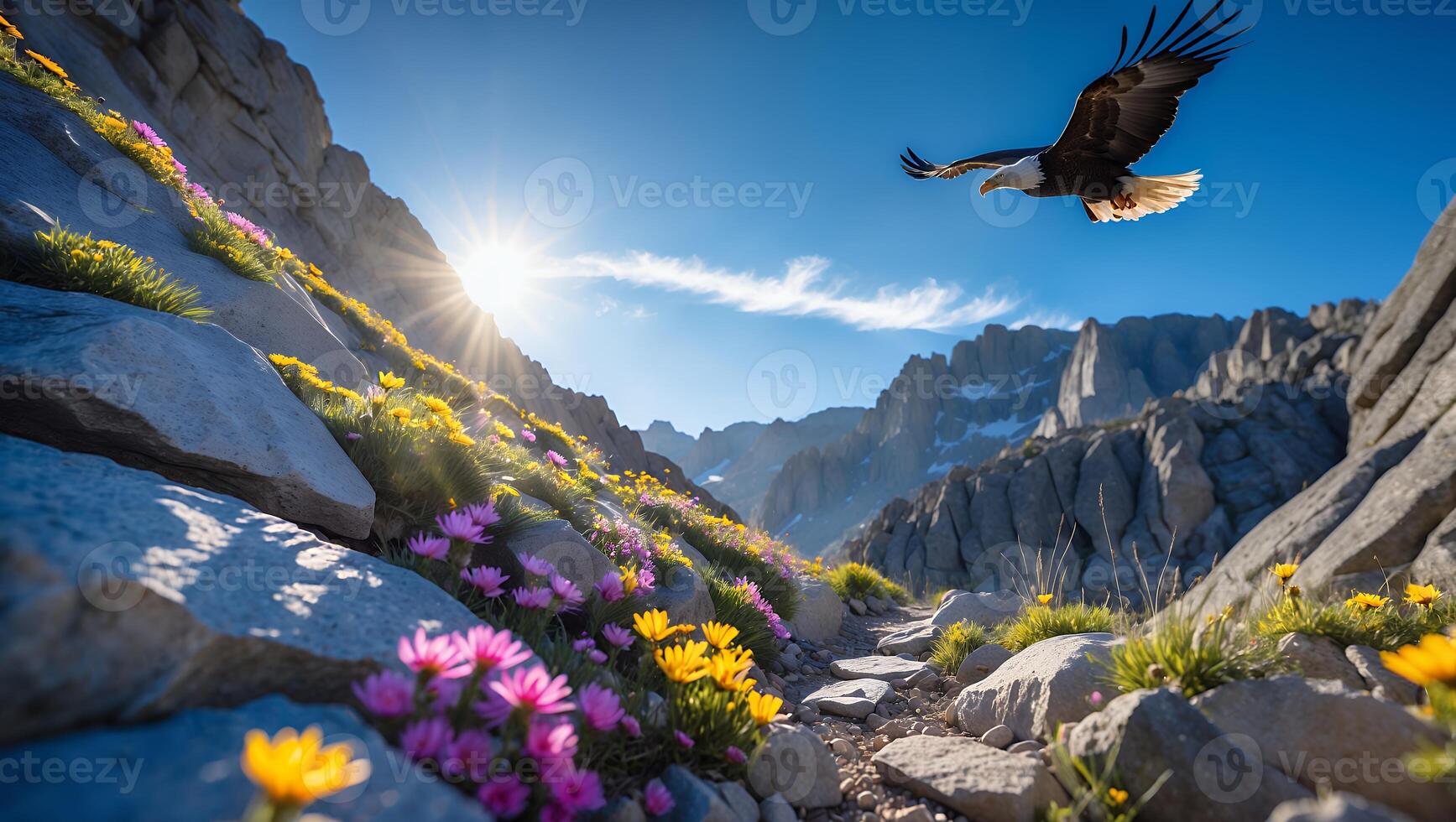 Eagle Soaring Above Alpine Meadow with Wildflowers and Rocky Landscape photo