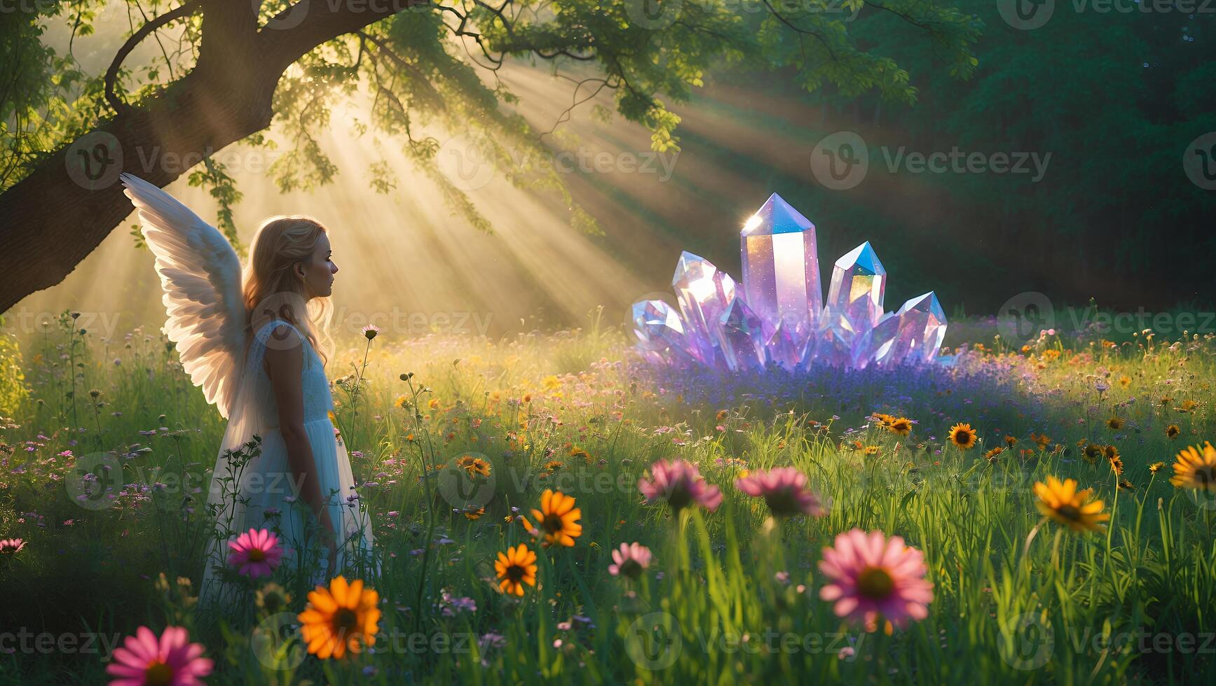 Angel Standing in Meadow with Shining Crystals and Sun Rays photo
