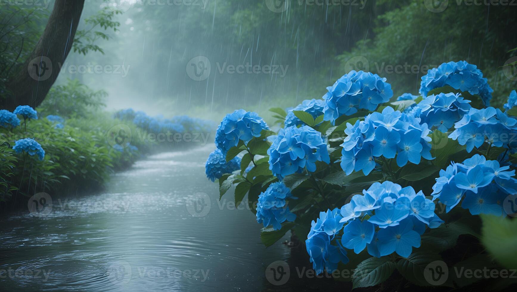Flowering Hydrangea Along Stream in a Rainy Forest Landscape photo