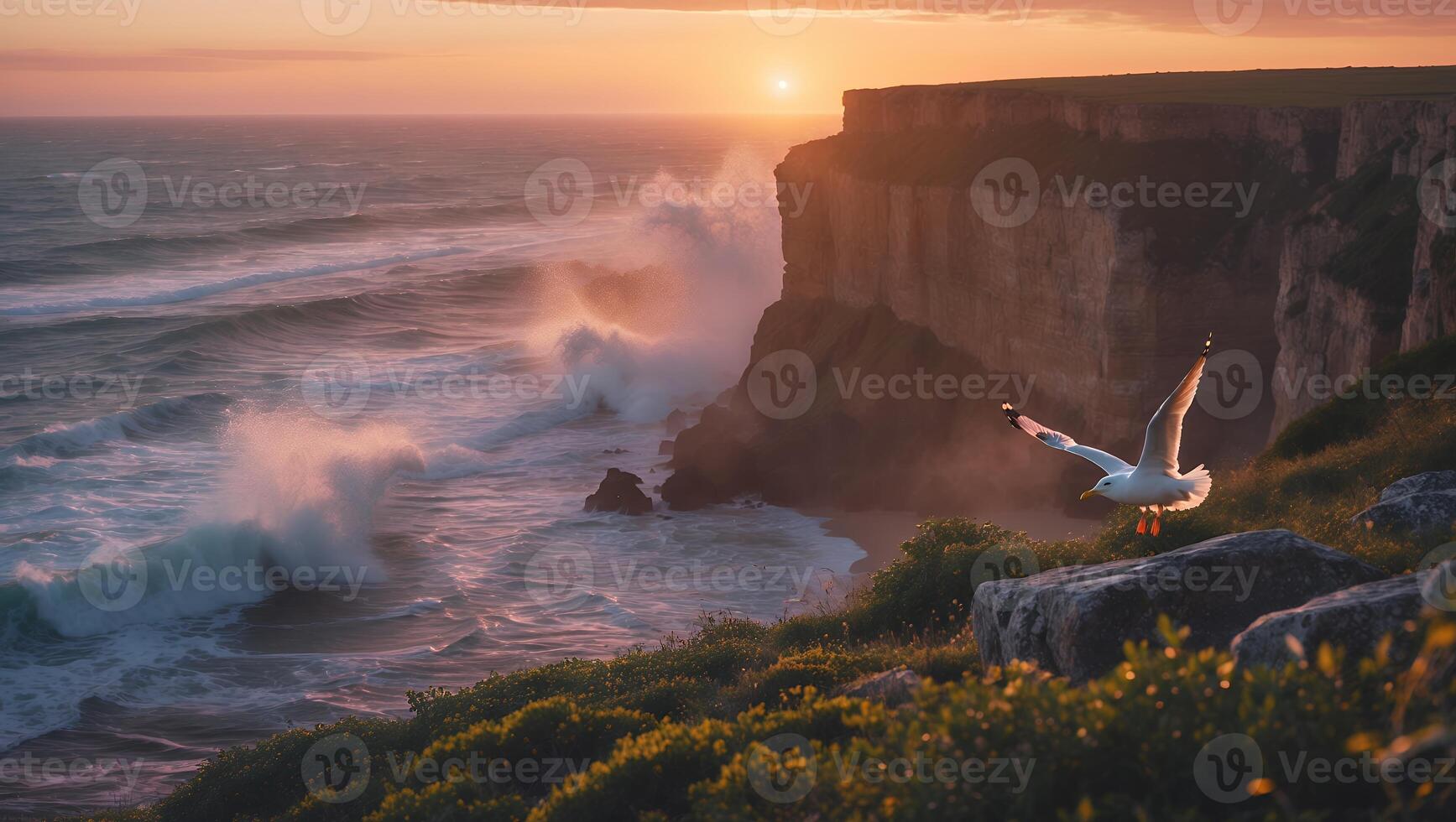 Seagull Flying Over Cliffside Ocean at Sunset with Crashing Waves photo