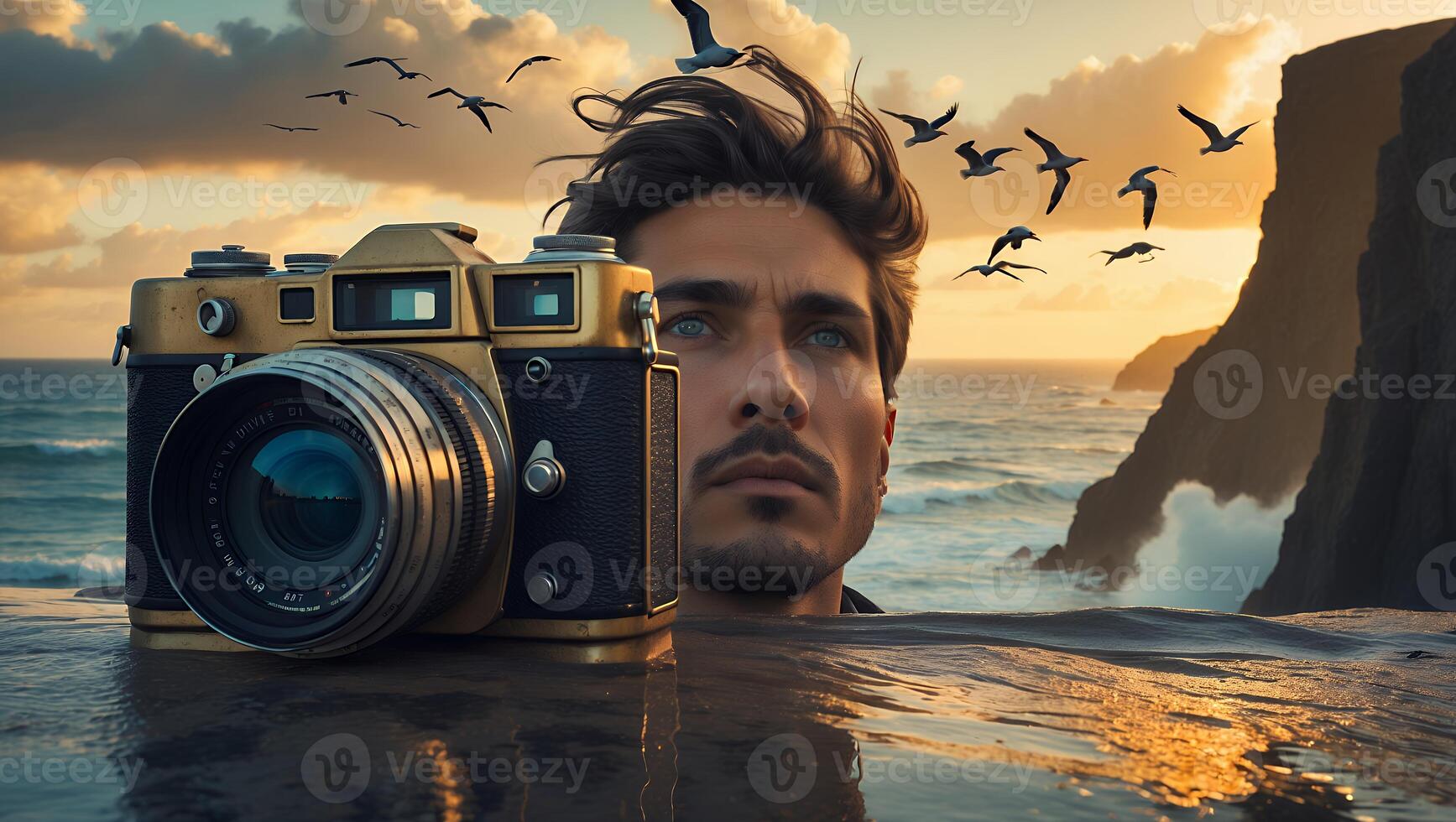 Vintage Camera at Coastline with Pensive Man and Flying Birds photo