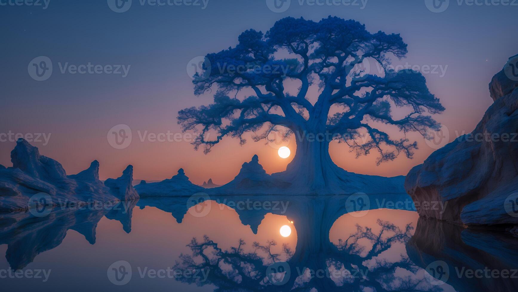 Solitary Tree and Sunset Reflection on Calm Lake Water Landscape photo